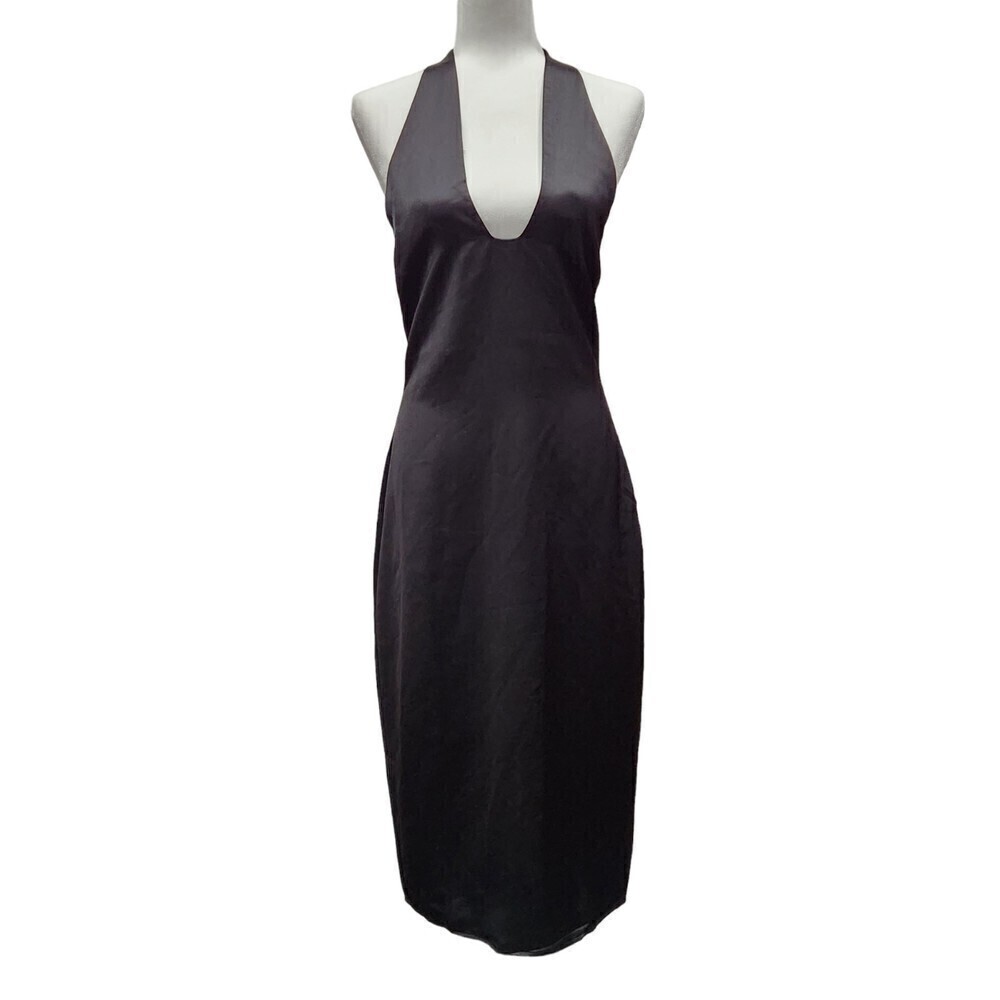 New! Jason Wu Black Satin Deep U Neck Halter Midi Dress, S